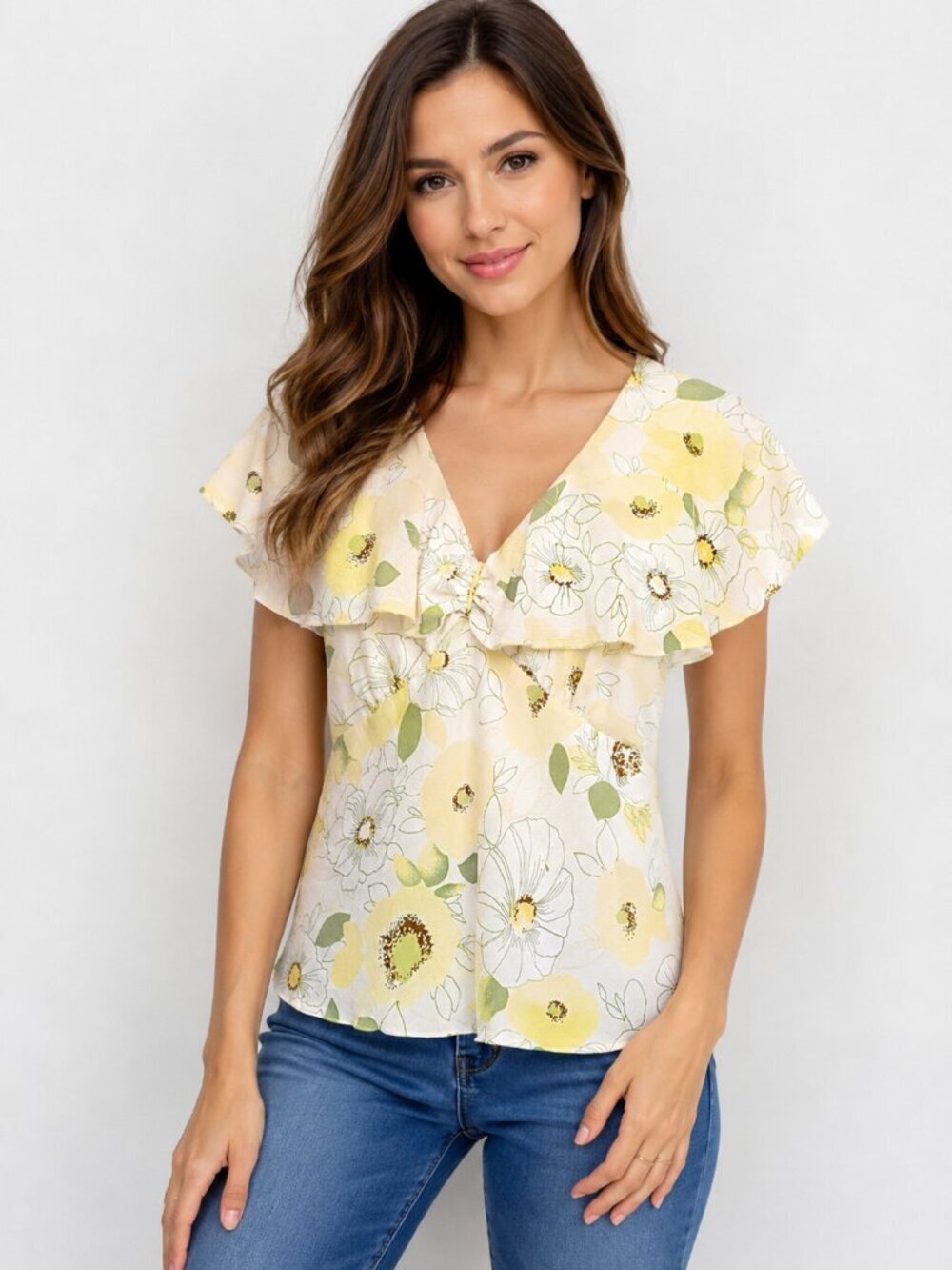 B Moss Vintage 90's Floral Ruffle V-Neck Women's TopYellow and Green Size Medium